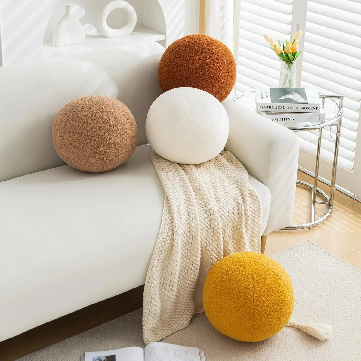 Round Ball Decorative Pillow with Plush Filling and Neutral Tone for Modern Living Room and Bedroom Styling