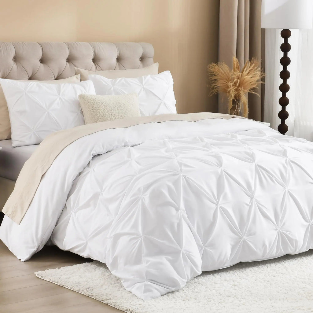 Pinch Pleated Duvet Cover Set with Hidden Zipper and Corner Ties for Super King Plus Bedding