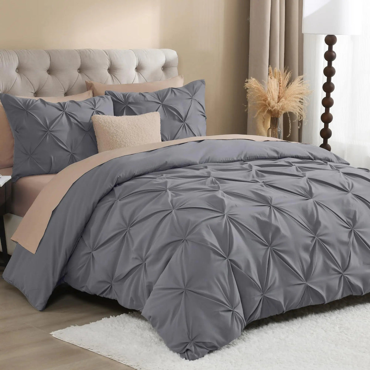 Pinch Pleated Duvet Cover Set with Hidden Zipper and Corner Ties for Super King Plus Bedding