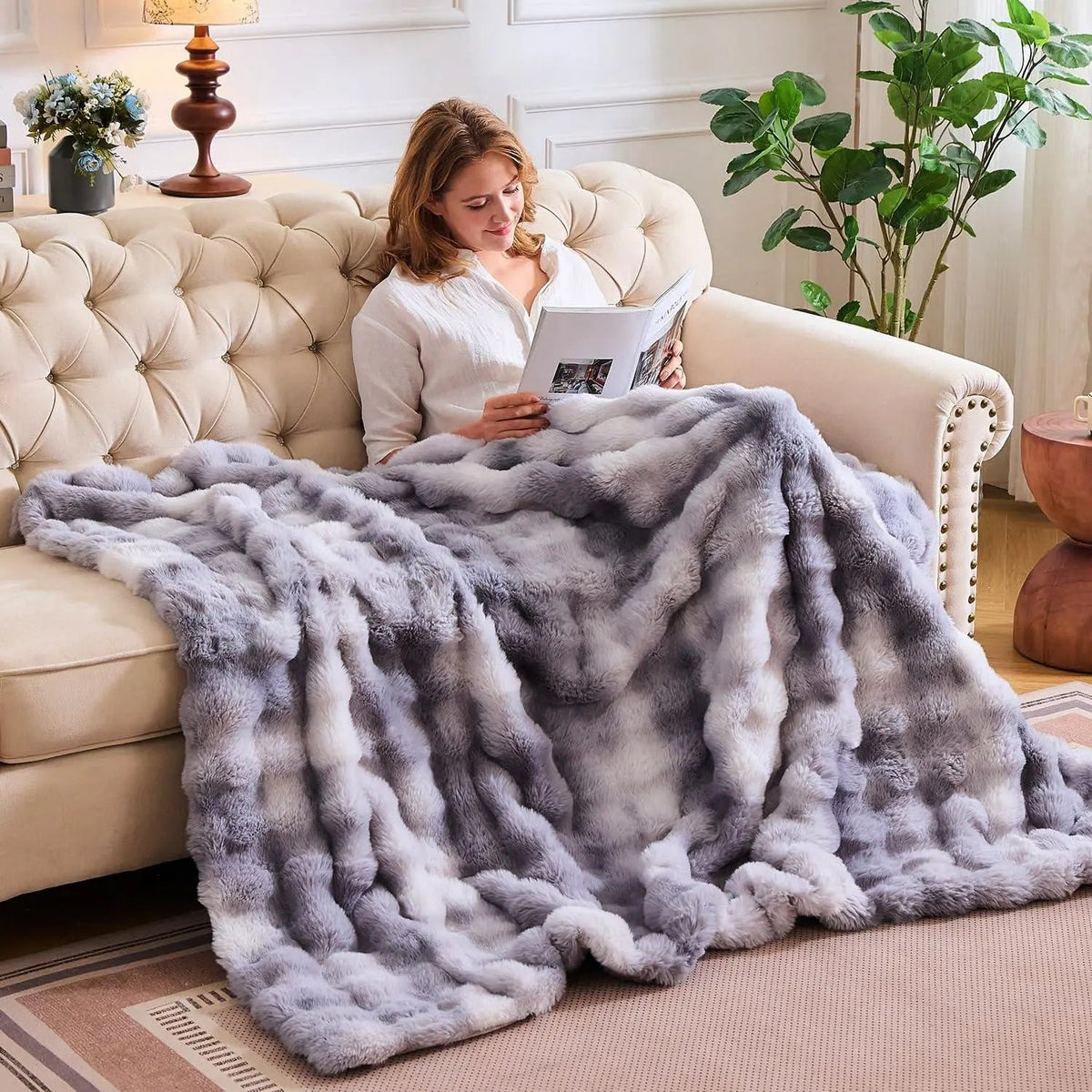 Tie Dye Faux Rabbit Fur Throw Blanket with Reversible Plush Design for Couch Bed and Travel