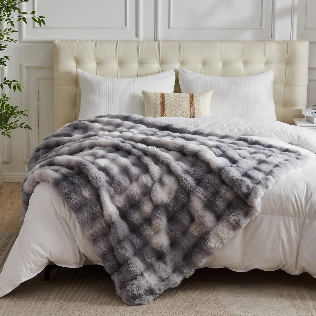 Tie Dye Faux Rabbit Fur Throw Blanket with Reversible Plush Design for Couch Bed and Travel