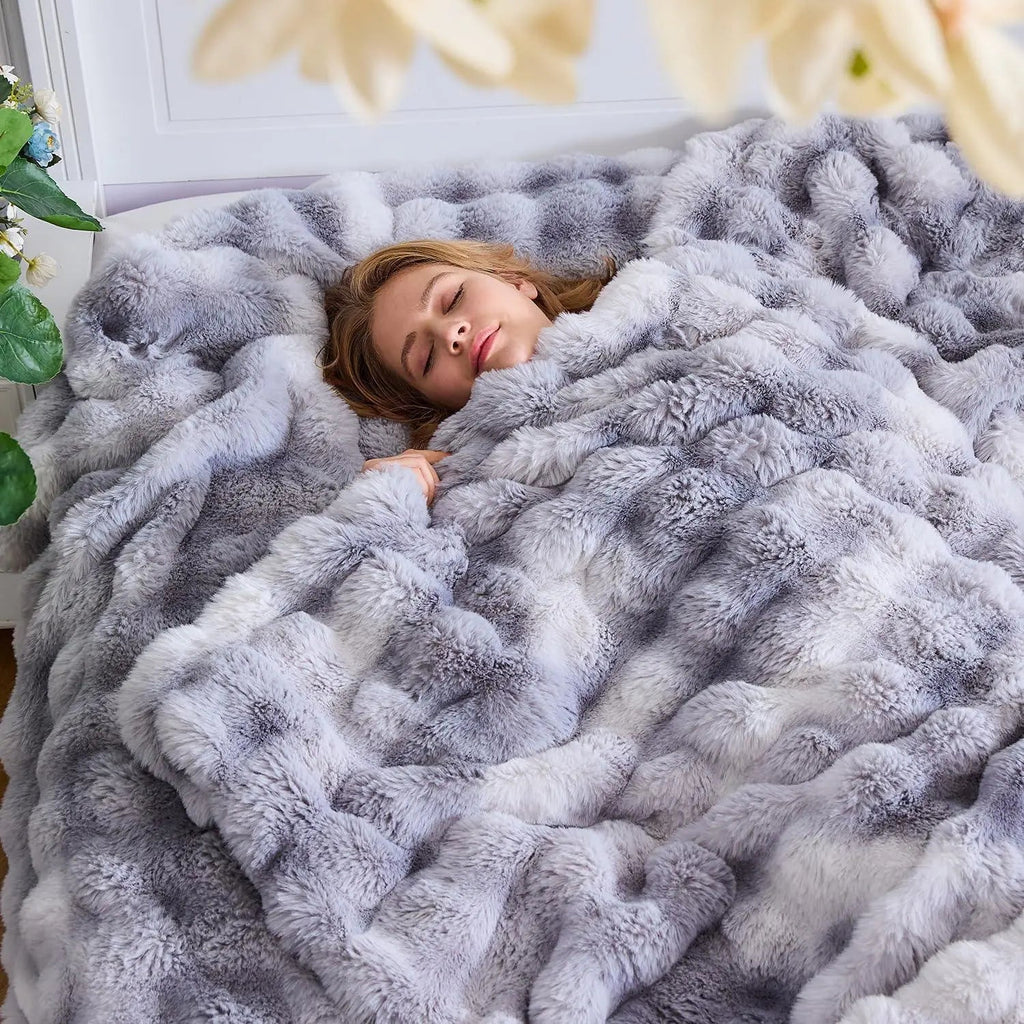 Tie Dye Faux Rabbit Fur Throw Blanket with Reversible Plush Design for Couch Bed and Travel