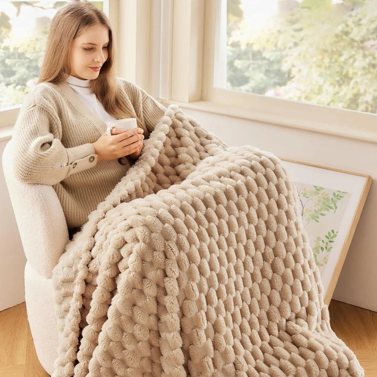 3D Clouds Jacquard Silky Flannel Fleece Blanket with Lightweight All-Season Comfort for Home and Office Use