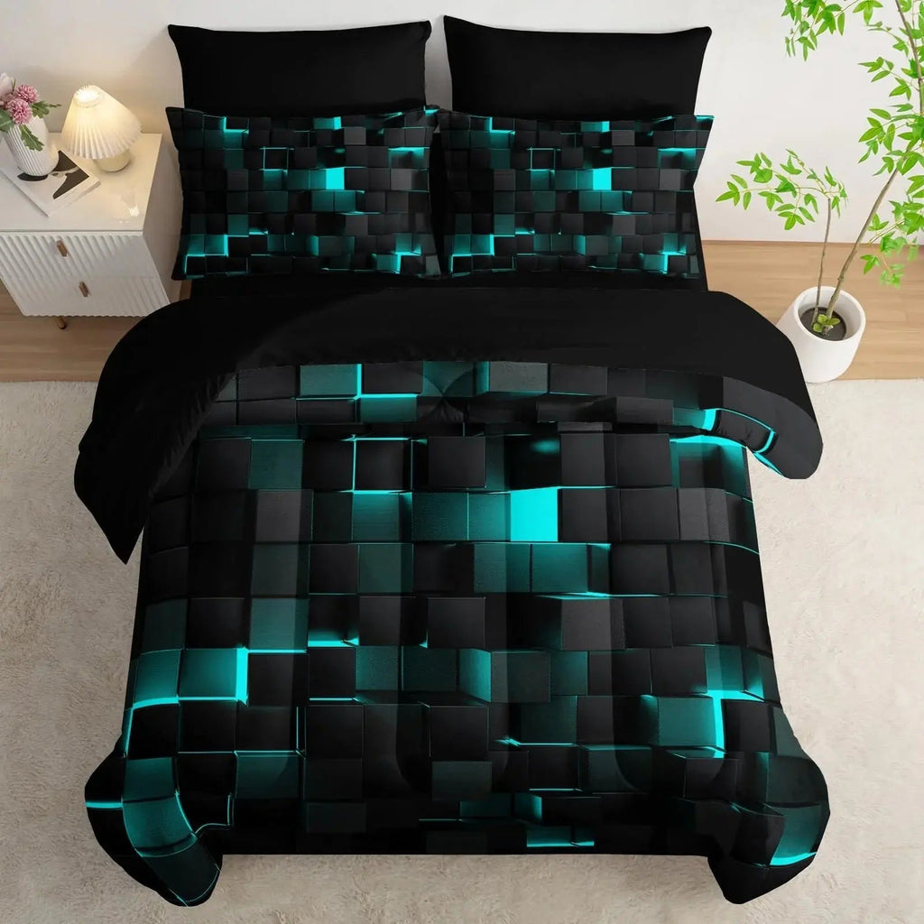 Geometric Bedding Set with 3D Square Design for Queen Bedding and Modern Rooms (Included Quilt Cover + 2 Pillowcases)