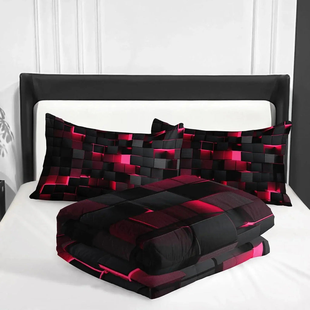Geometric Bedding Set with 3D Square Design for Queen Bedding and Modern Rooms (Included Quilt Cover + 2 Pillowcases)
