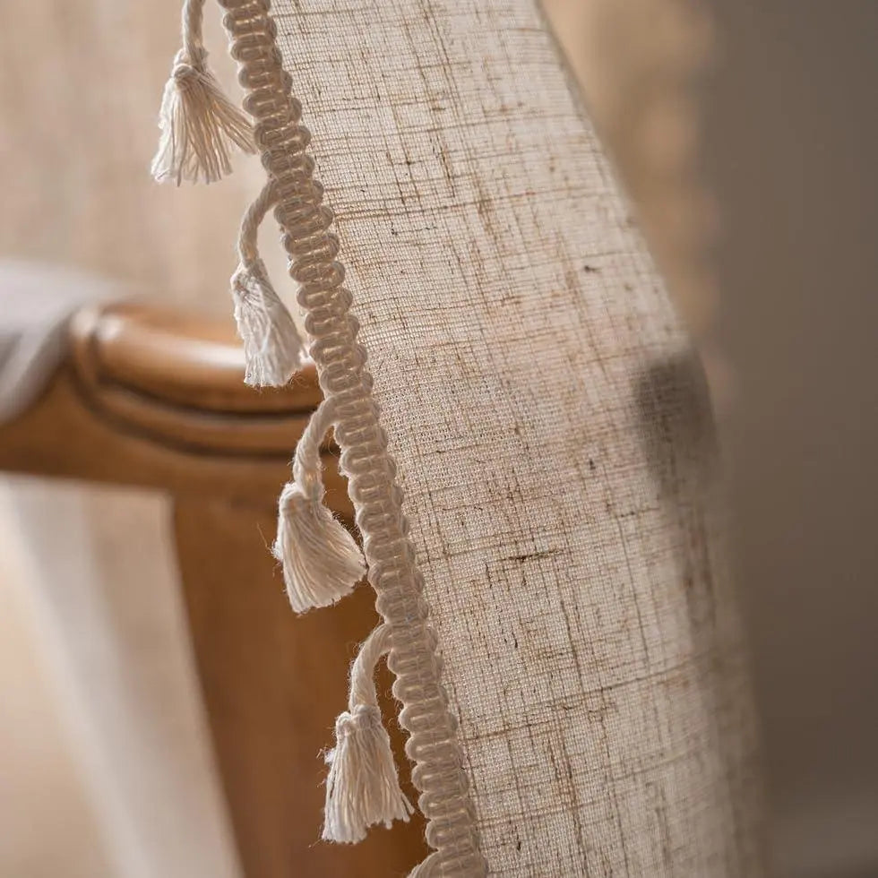 Boho Semi-Blackout Cotton Linen Curtain Panels with Tassels for Bedroom and Living Room Décor