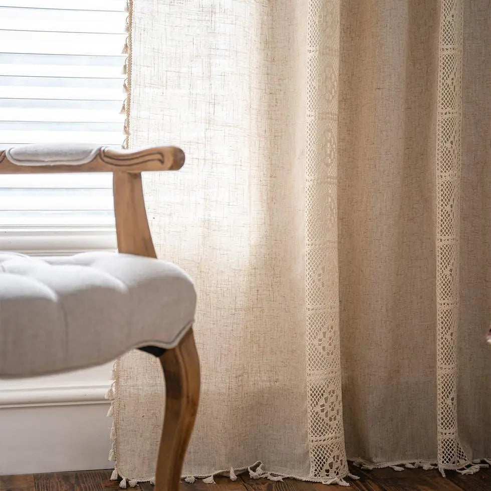 Boho Semi-Blackout Cotton Linen Curtain Panels with Tassels for Bedroom and Living Room Décor