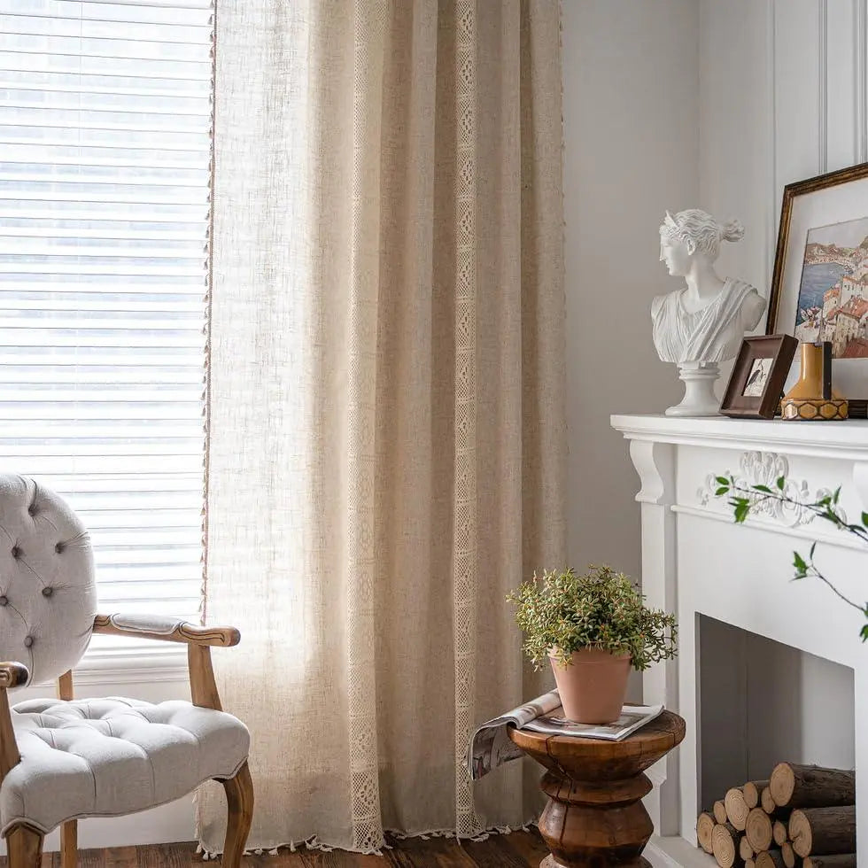 Boho Semi-Blackout Cotton Linen Curtain Panels with Tassels for Bedroom and Living Room Décor