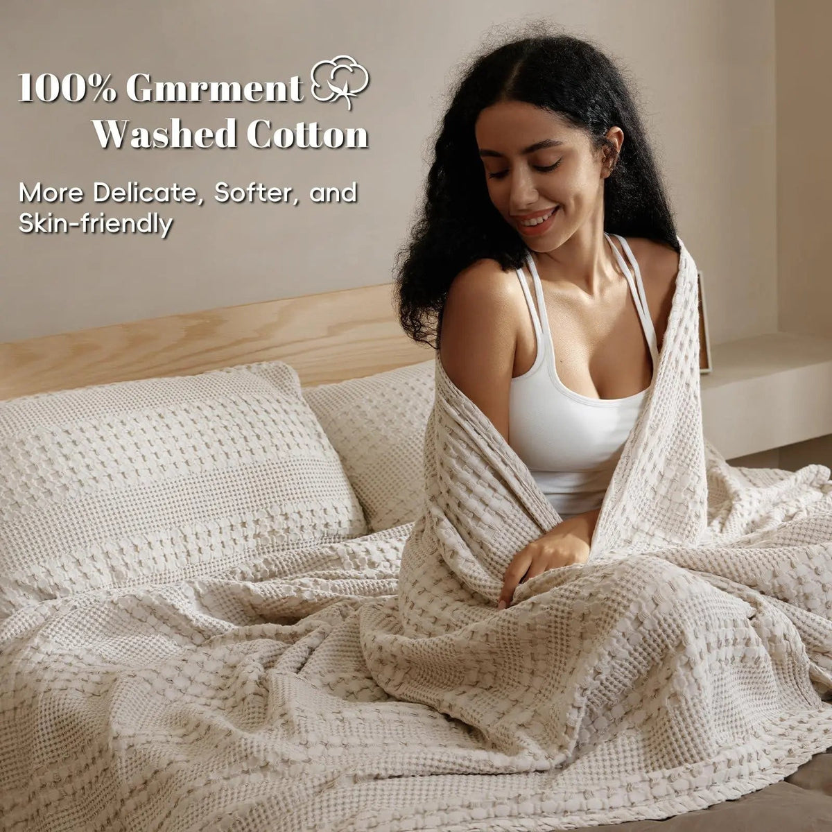 Cotton Waffle Weave Blanket with Lightweight Breathable Design for Summer and Mild Weather Comfort