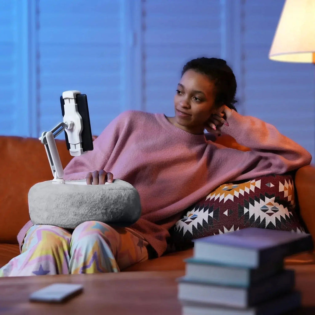 Plush Pillow Style Device Stand with Adjustable Angle Support for Hands Free Viewing at Home