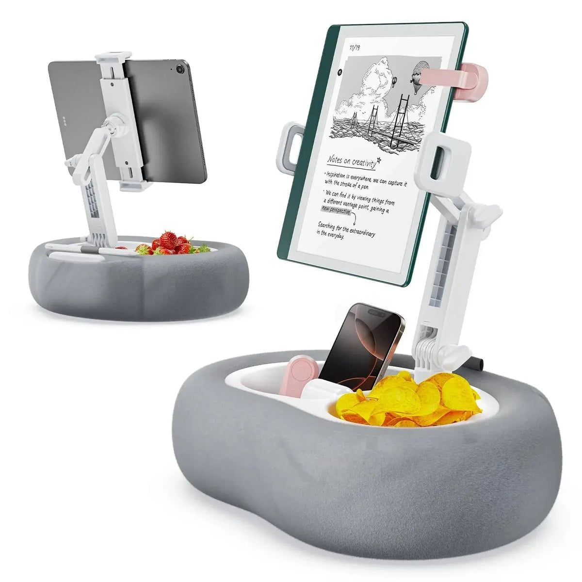 Tablet Pillow Stand with Adjustable Holder and Dual Removable Trays for Reading and Media Use