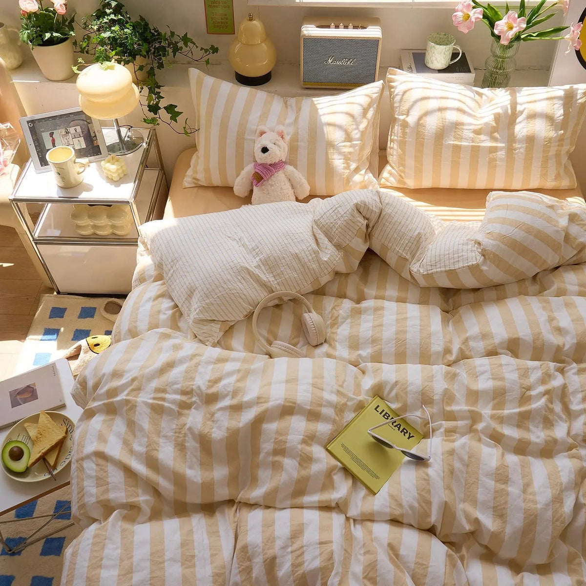 Washed Cotton Double Yarn Crepe Striped Quilt Set with Sheet and Pillowcases for Year-Round Bedding