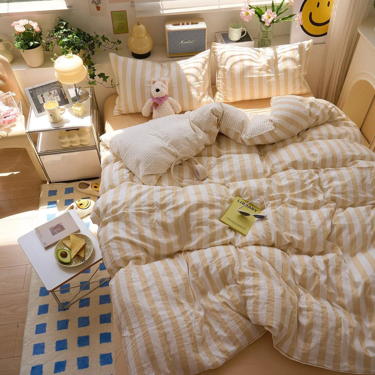 Washed Cotton Double Yarn Crepe Striped Quilt Set with Sheet and Pillowcases for Year-Round Bedding