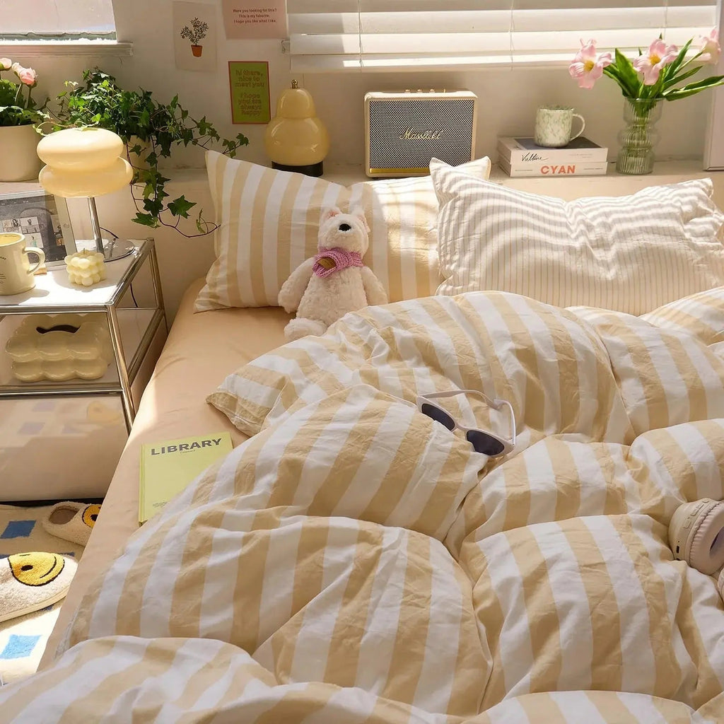 Washed Cotton Double Yarn Crepe Striped Quilt Set with Sheet and Pillowcases for Year-Round Bedding