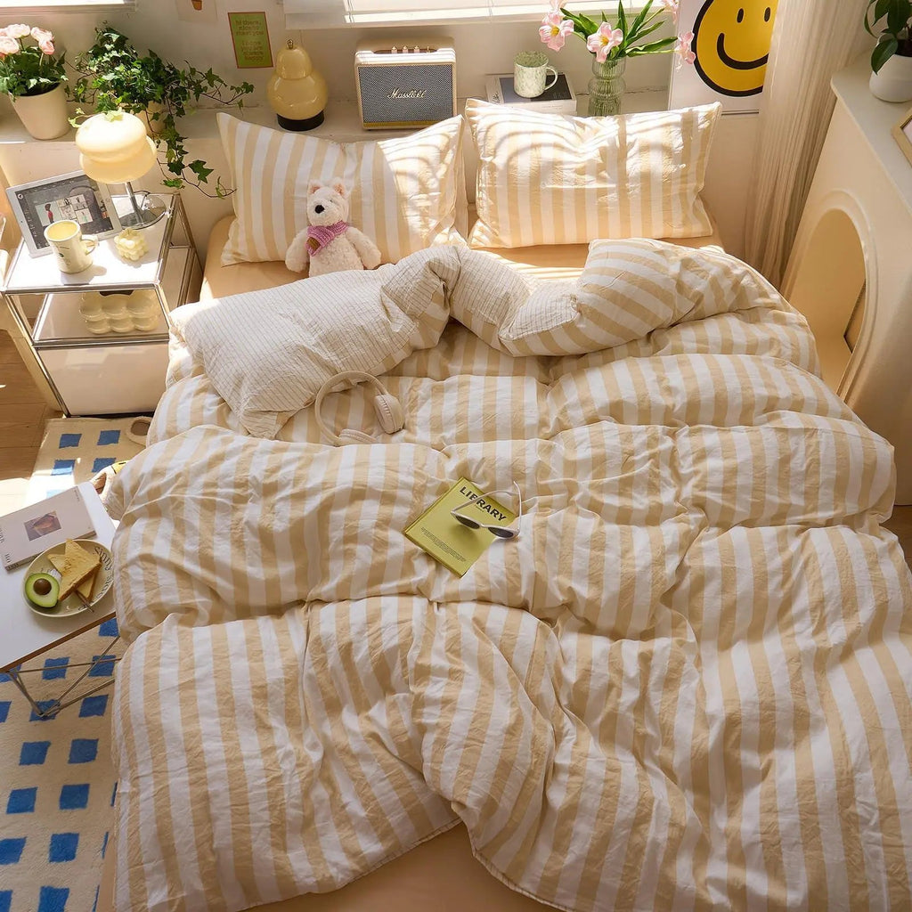 Washed Cotton Double Yarn Crepe Striped Quilt Set with Sheet and Pillowcases for Year-Round Bedding