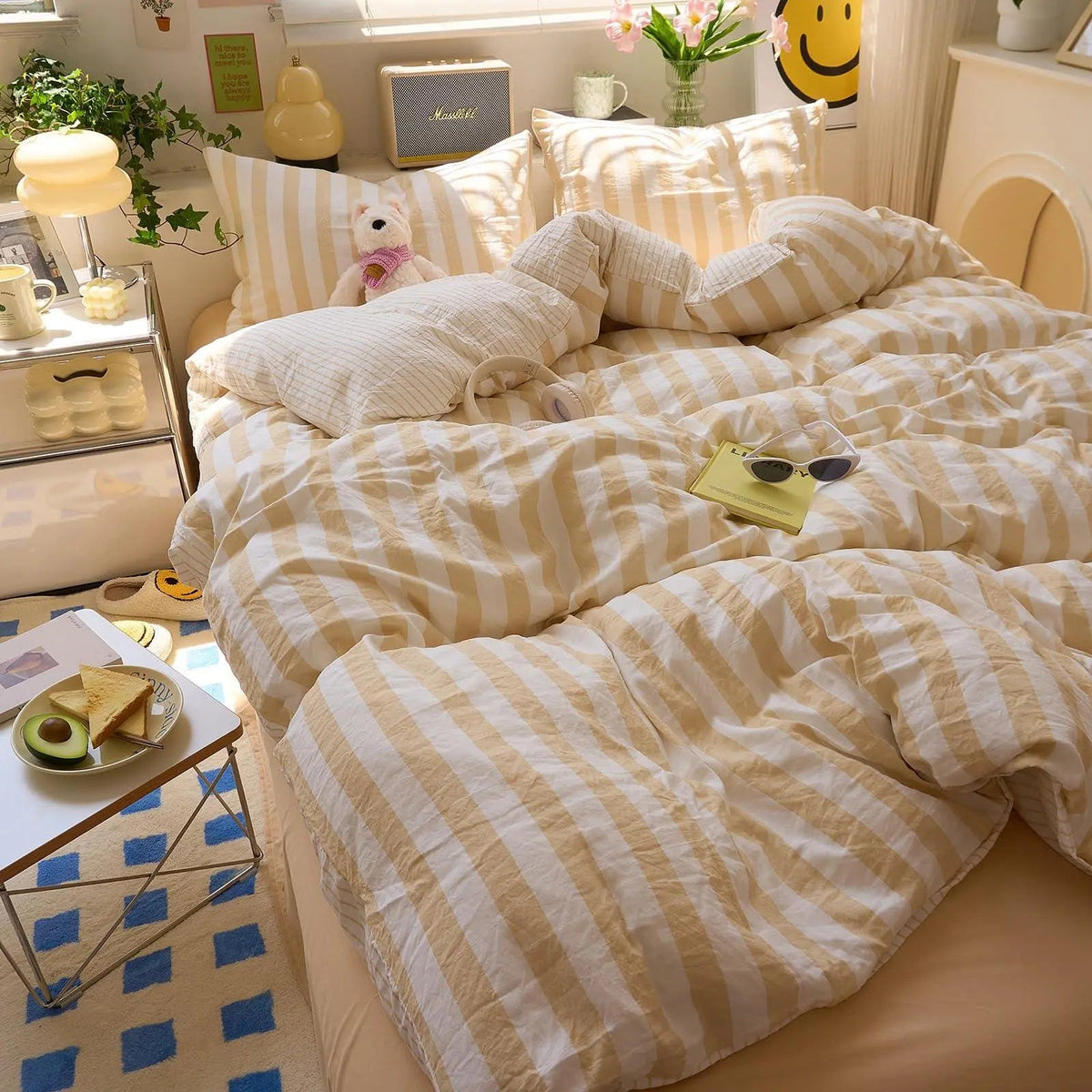 Washed Cotton Double Yarn Crepe Striped Quilt Set with Sheet and Pillowcases for Year-Round Bedding
