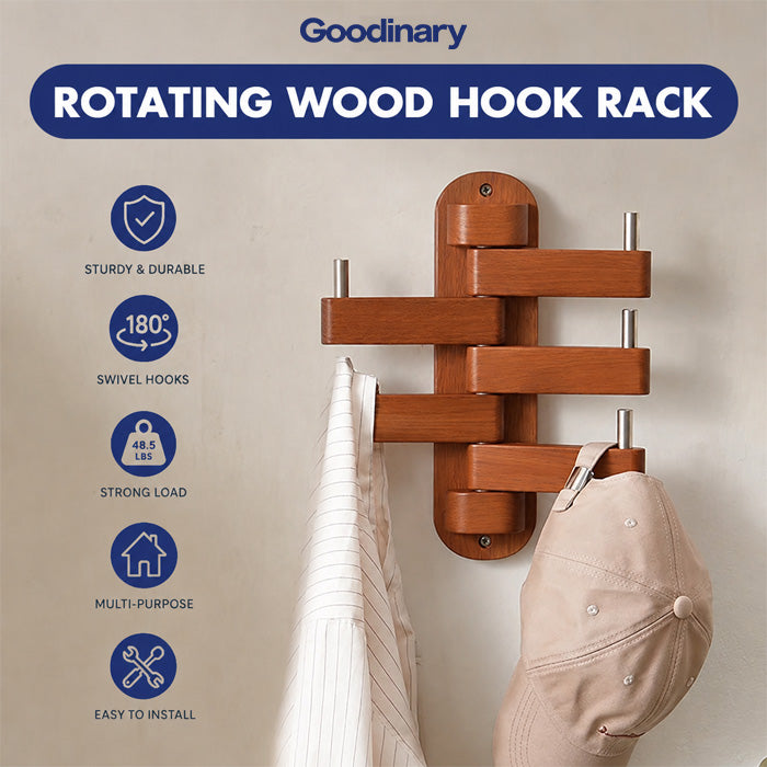 Rotating Wood Hook Rack with 5 Folding Hooks for Bathroom and Entryway Storage