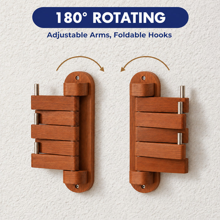 Rotating Wood Hook Rack with 5 Folding Hooks for Bathroom and Entryway Storage