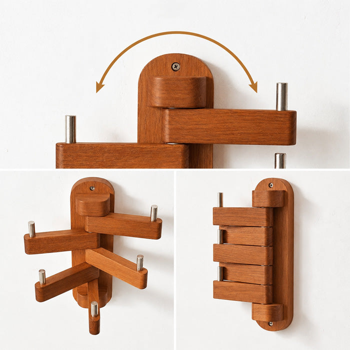 Rotating Wood Hook Rack with 5 Folding Hooks for Bathroom and Entryway Storage