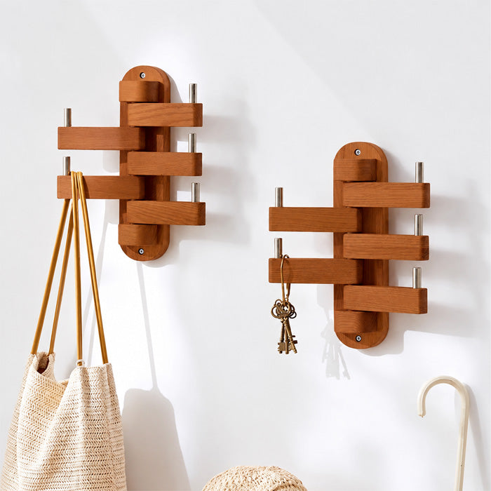 Rotating Wood Hook Rack with 5 Folding Hooks for Bathroom and Entryway Storage