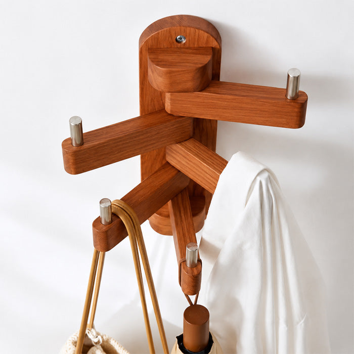 Rotating Wood Hook Rack with 5 Folding Hooks for Bathroom and Entryway Storage