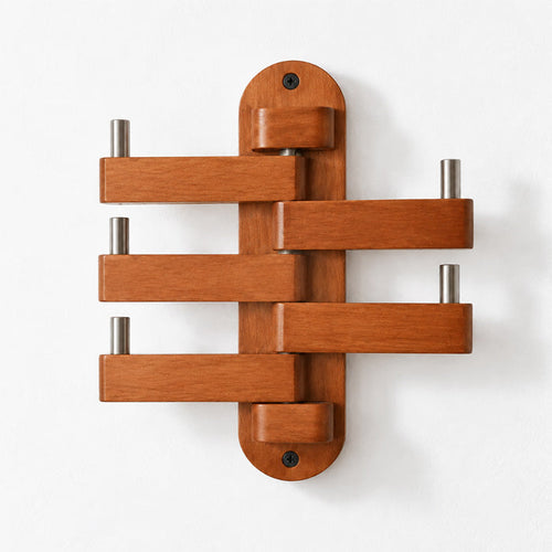 Rotating Wood Hook Rack with 5 Folding Hooks for Bathroom and Entryway Storage