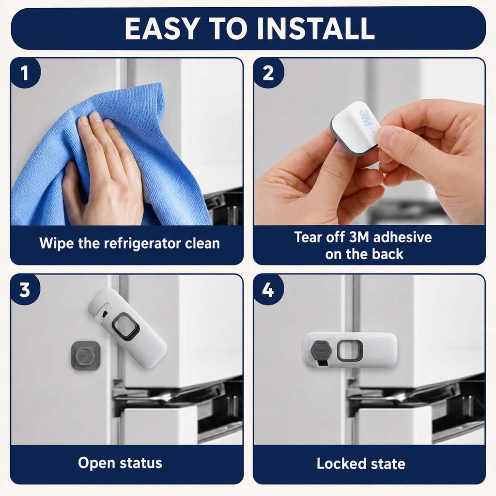 Child Proof Fridge Lock with Adhesive Mounting for Refrigerator, Freezer and Cabinet Doors