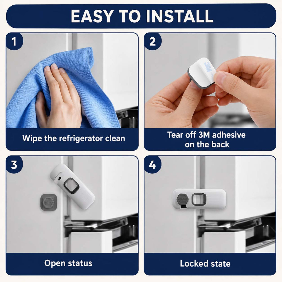 Child Proof Fridge Lock with Adhesive Mounting for Refrigerator, Freezer and Cabinet Doors