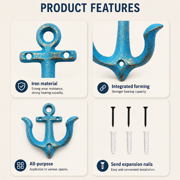 Nautical Anchor Hooks with Cast Iron Design for Coastal Coat and Towel Storage