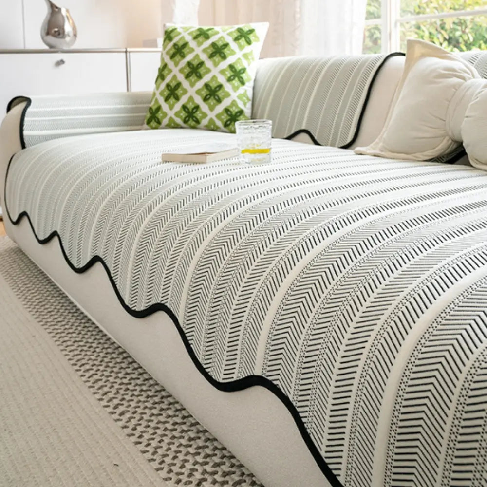 Herringbone Sofa Cover with Scallop Edge for All Season Furniture Protection