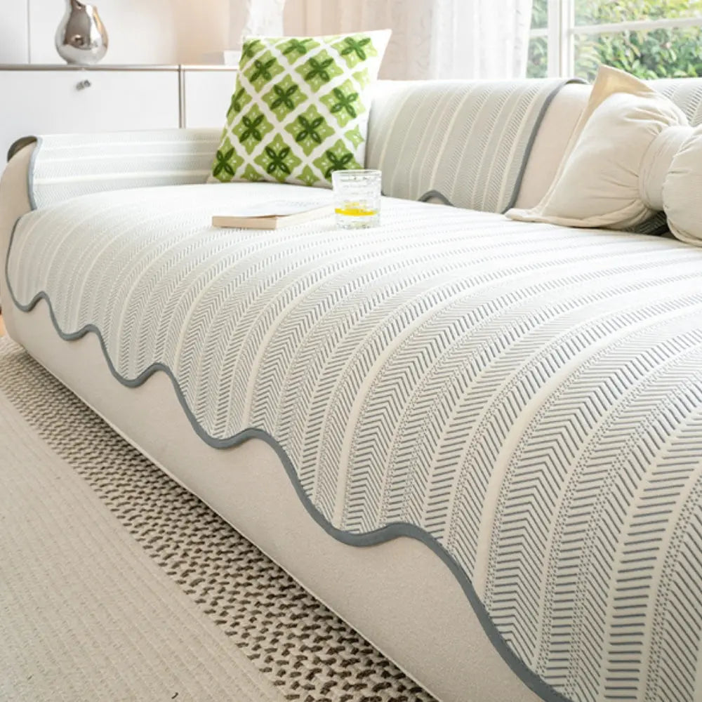 Herringbone Sofa Cover with Scallop Edge for All Season Furniture Protection
