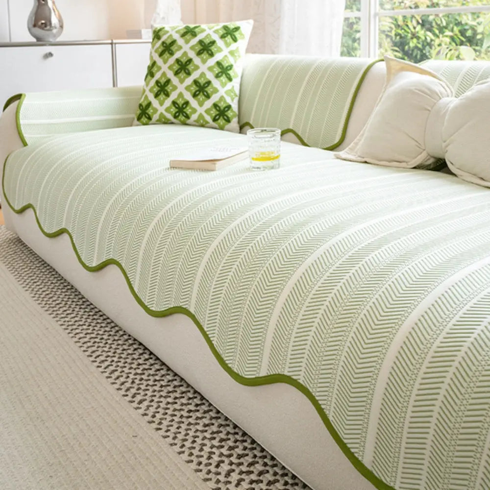 Herringbone Sofa Cover with Scallop Edge for All Season Furniture Protection
