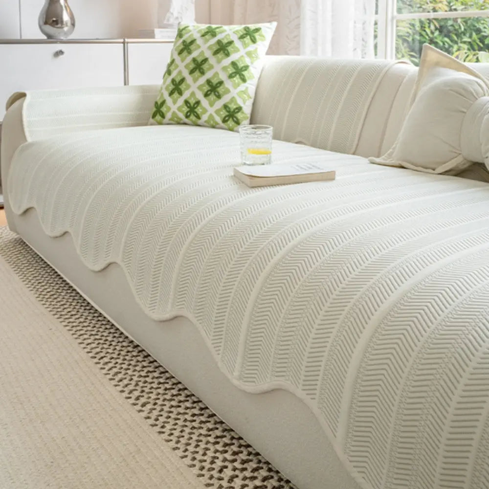 Herringbone Sofa Cover with Scallop Edge for All Season Furniture Protection