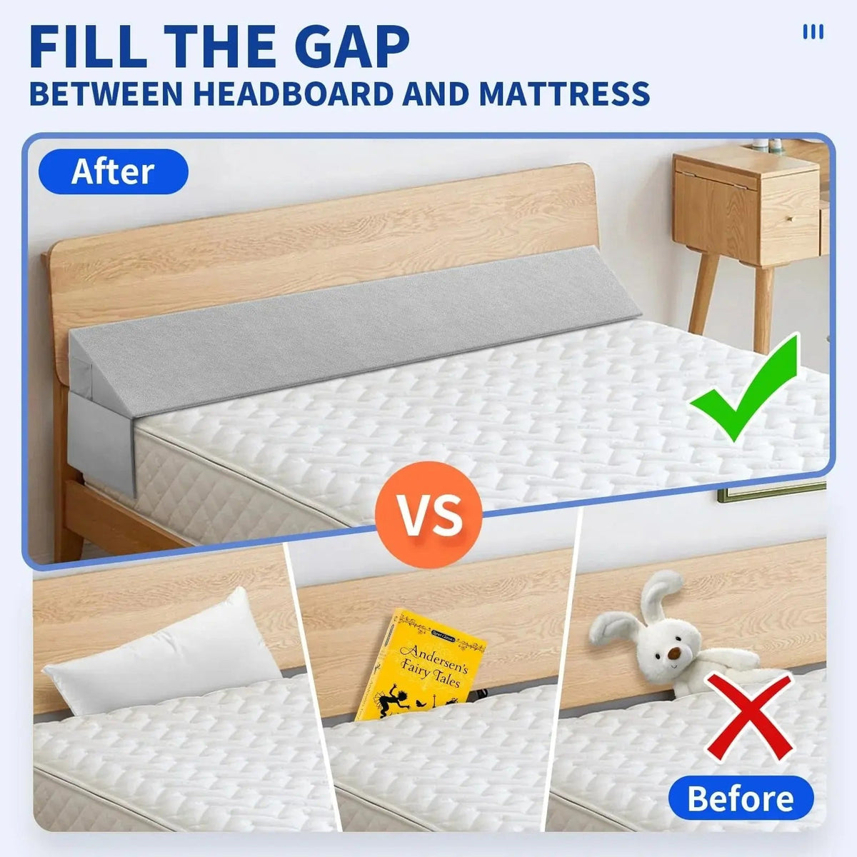Mattress Gap Pillow with Silicone Grip Dots and Storage Pockets for Secure Bedside Support