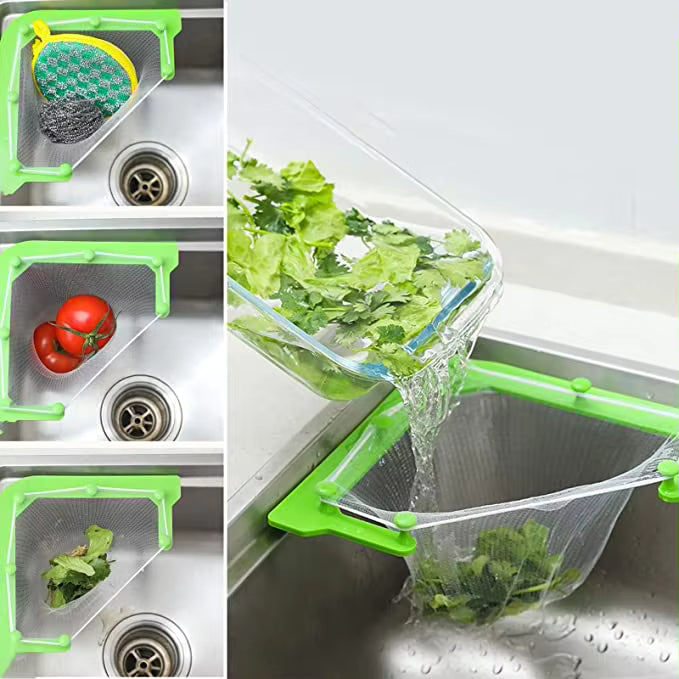 Triangular Sink Strainer Basket with Corner Rack Design for Kitchen Drain and Food Filtering (Included Tripod + Suction Cup + 50 Mesh)