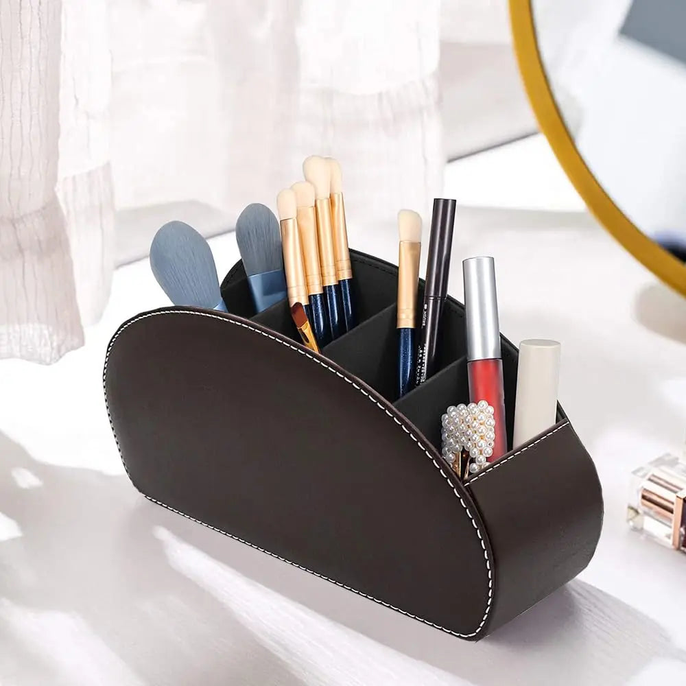 Remote Control Holder with 5 Compartments Vegan Leather Desktop Organizer for Living Room and Office Storage