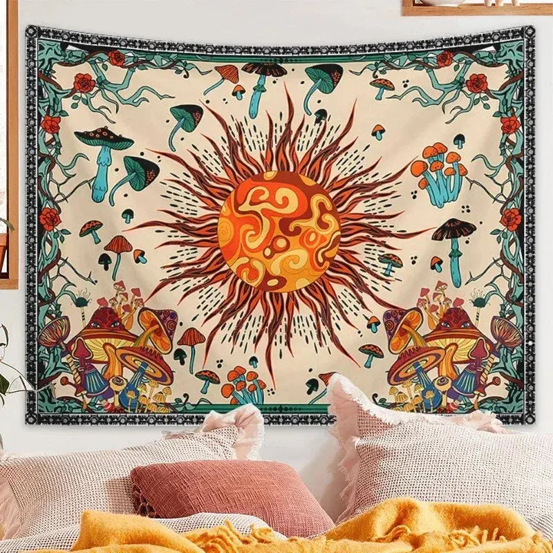 Embroidered Star and Moon Constellation Tapestry with Boho Detailing for Home Ambience