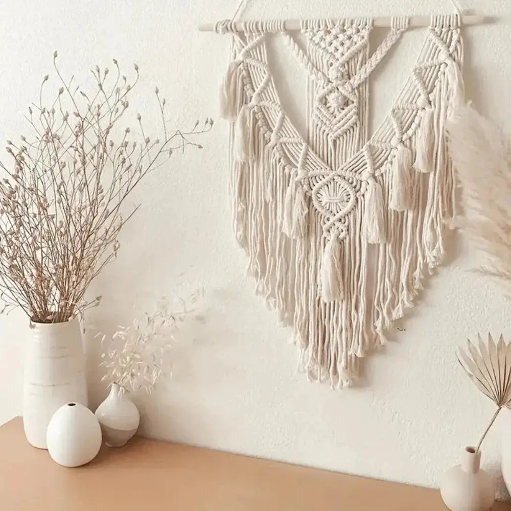 Boho Woven Geometric Wall Tapestry with Textured Weave for Home and Dorm Décor