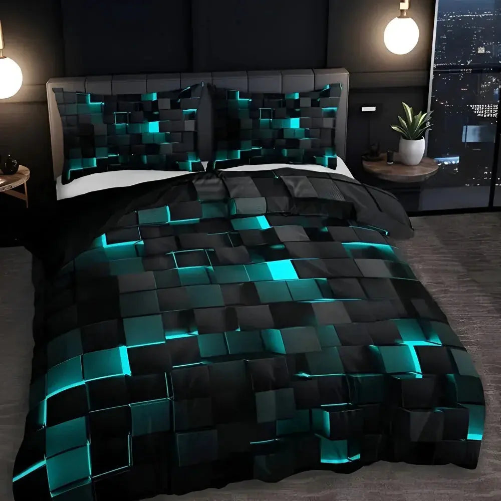 Geometric Bedding Set with 3D Square Design for Queen Bedding and Modern Rooms (Included Quilt Cover + 2 Pillowcases)