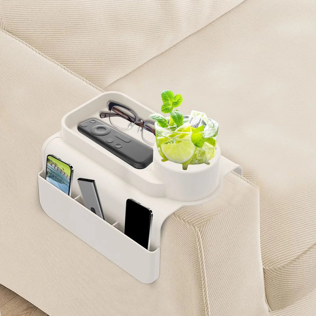 Silicone Sofa Armrest Cup Holder Tray with Anti Slip Design and Side Pocket Storage