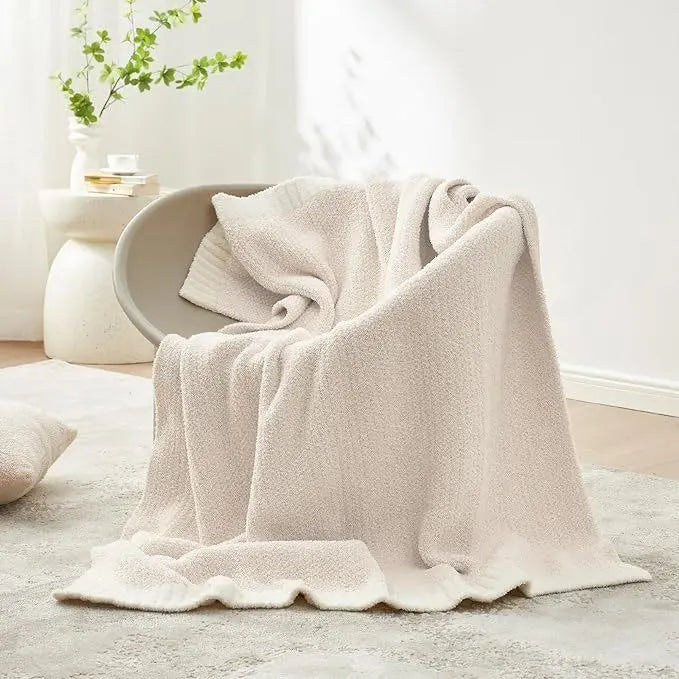 Buttery Ivory Reversible Knit Throw Blanket with Plush Texture for Couch and Home Lounging Comfort