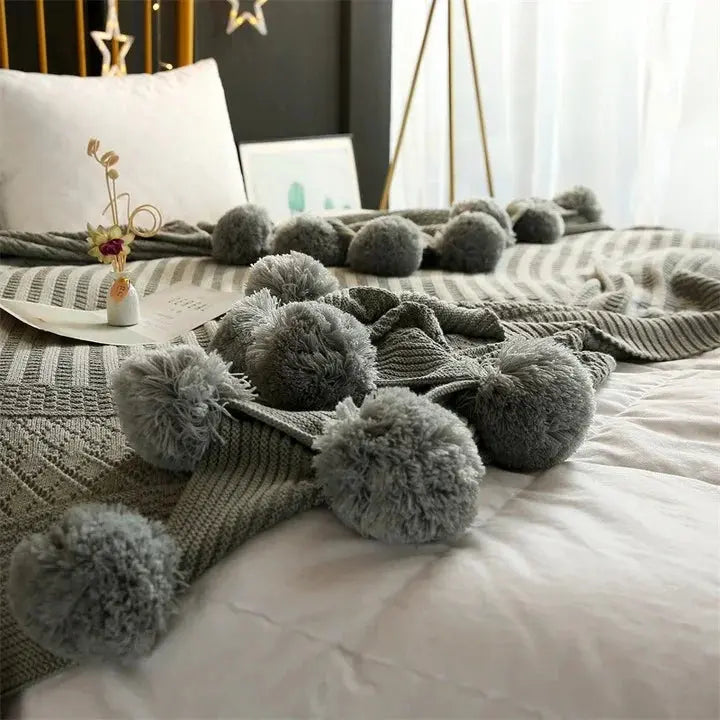 Cotton Cashmere Crochet Plaid Blanket with Fluffy Pom Balls for Travel, Beach, or Camping