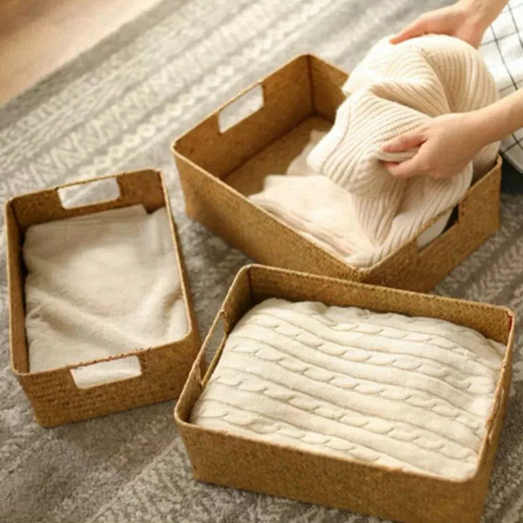 Natural Woven Seaweed Storage Basket with Open Design for Kitchen and Home Organization