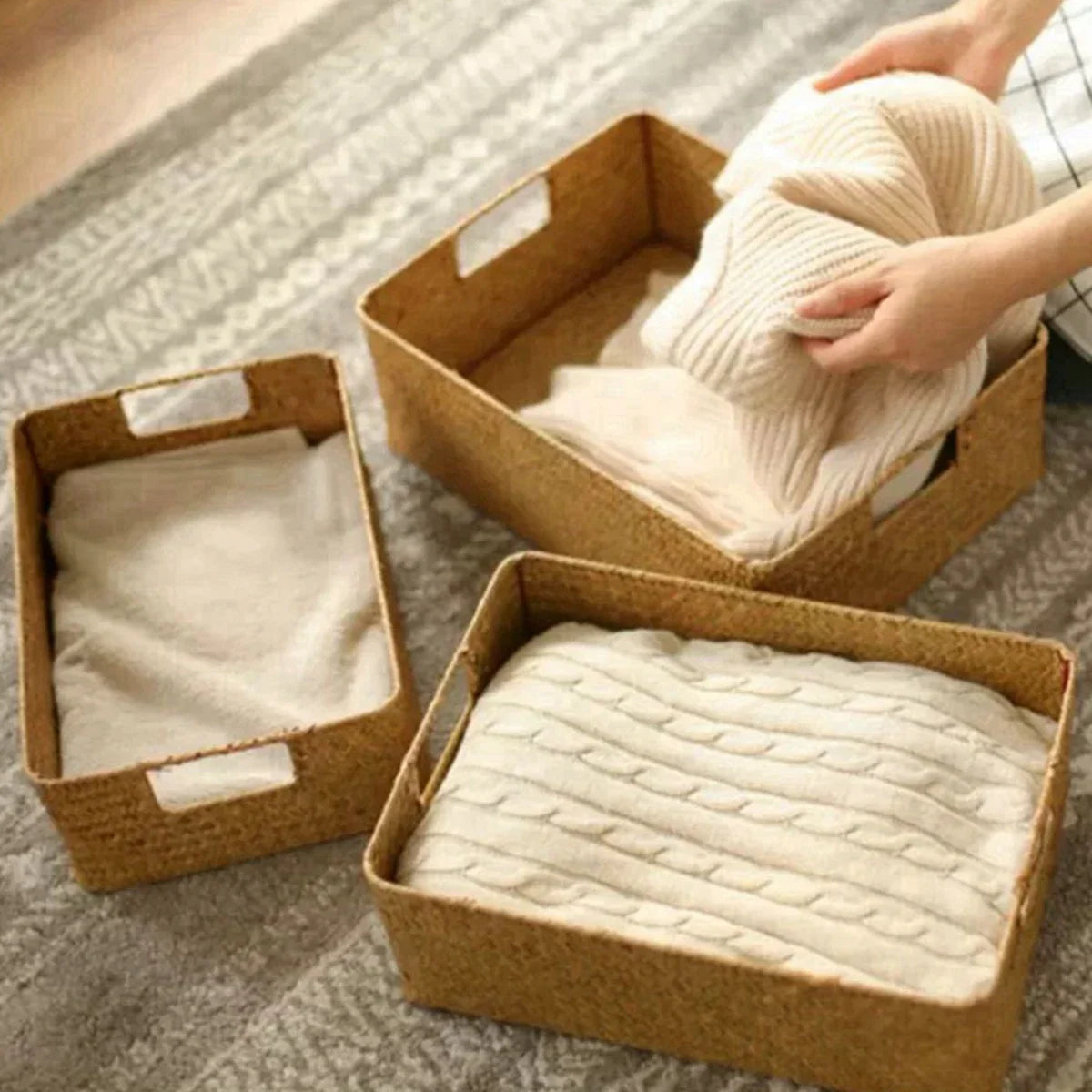 Natural Woven Seaweed Storage Basket with Open Design for Kitchen and Home Organization