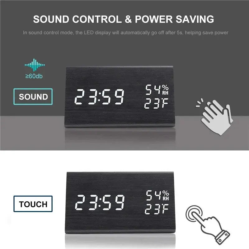 Wooden LED Alarm Clock with USB Charger Temperature Display