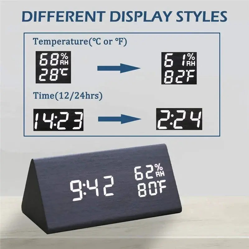 Wooden LED Alarm Clock with USB Charger Temperature Display