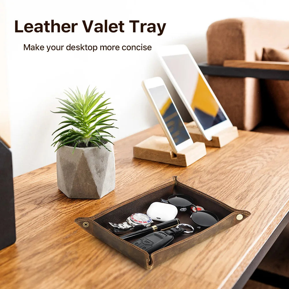 Foldable Leather Catchall Tray with Square Desktop Organizer Design for Keys Coins and Small Essentials