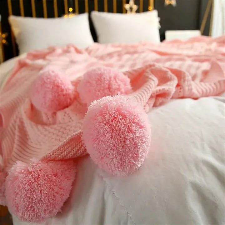 Cotton Cashmere Crochet Plaid Blanket with Fluffy Pom Balls for Travel, Beach, or Camping