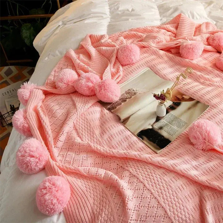 Cotton Cashmere Crochet Plaid Blanket with Fluffy Pom Balls for Travel, Beach, or Camping