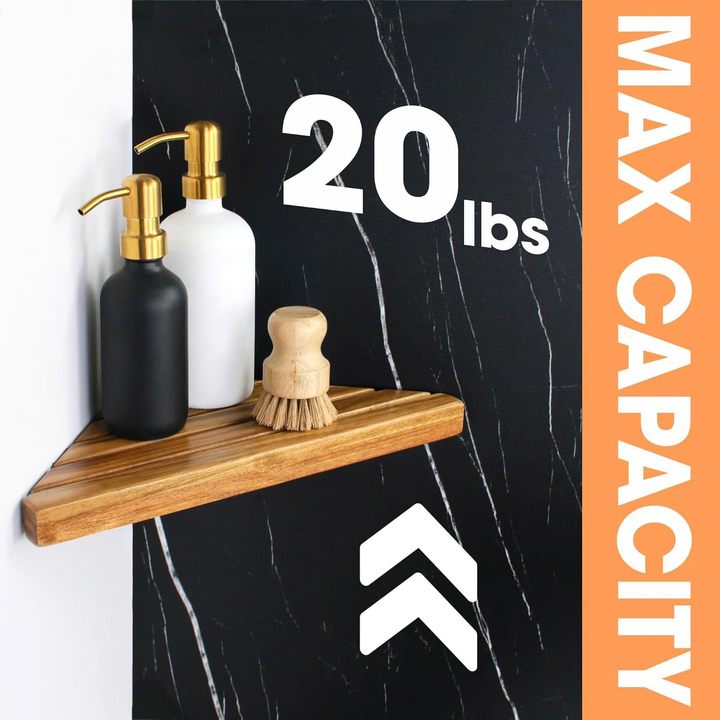 1 Pc Acacia Corner Shower Shelf with Triangular Wooden Design for Tiled Bathroom Walls and Shower Storage